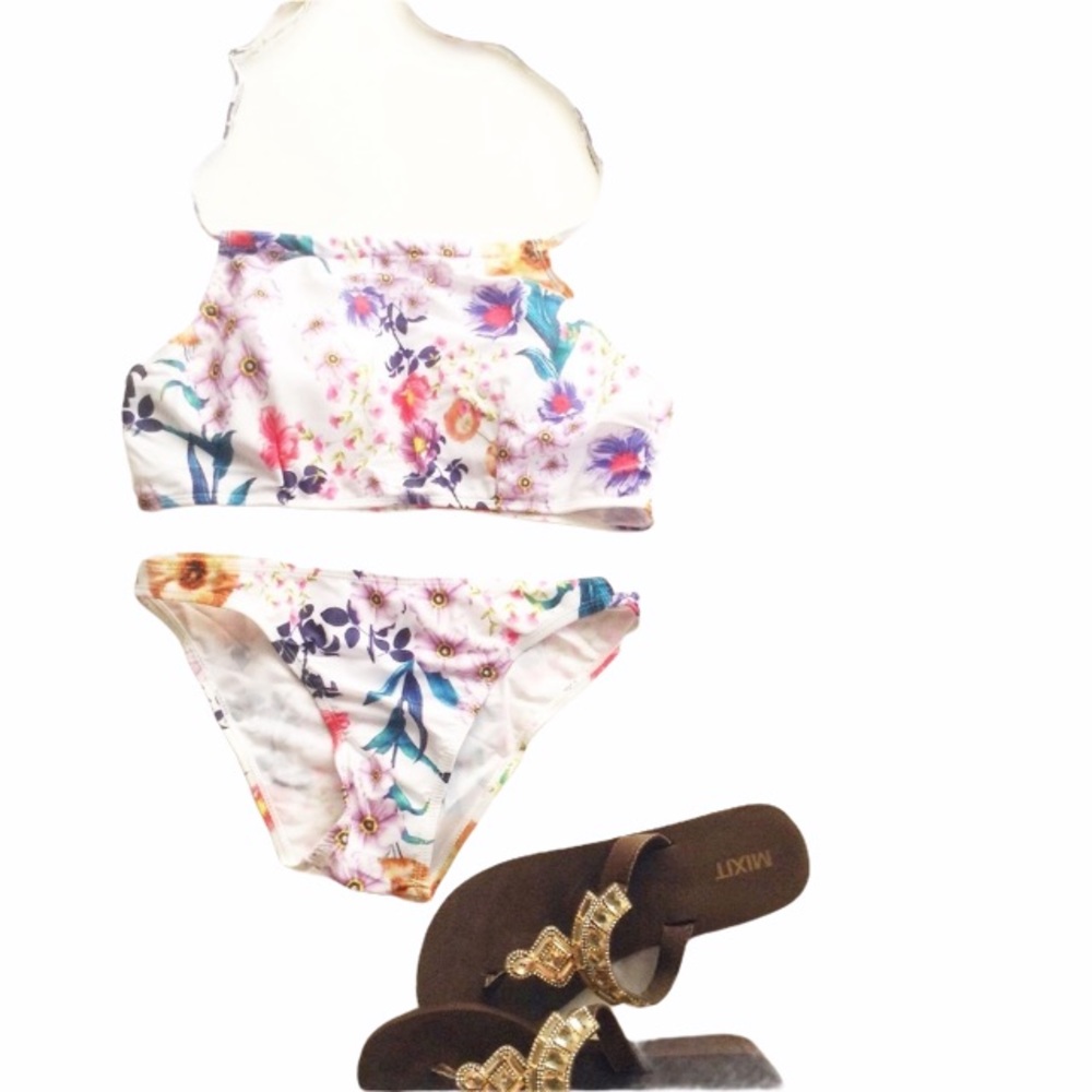 New Small Floral 2 Piece Halter Bikini White Multi